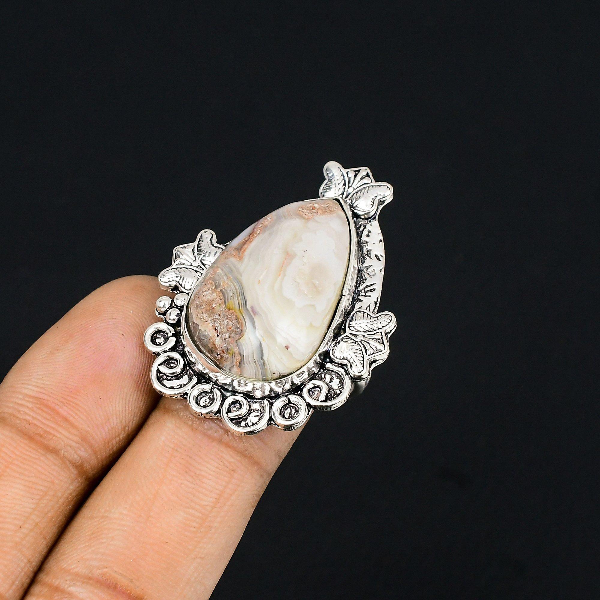 

Pear Crazy Lace Agate Gemstone Solitaire Ring Jewelry 925 Sterling Silver US 7.5 7.5