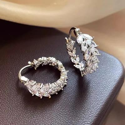 Huitan Brilliant Leaf Shape Hoop Earrings Graceful Gorgeous Ear Piercing Accessories for Women Charms Versatile Party