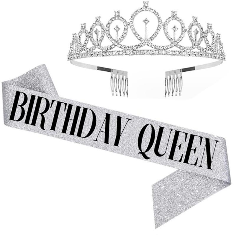 Birthday Tiara and Crown for Women Birthday Sash for Girls Birthday Decorations Rhinestones Headband Hair Accessories