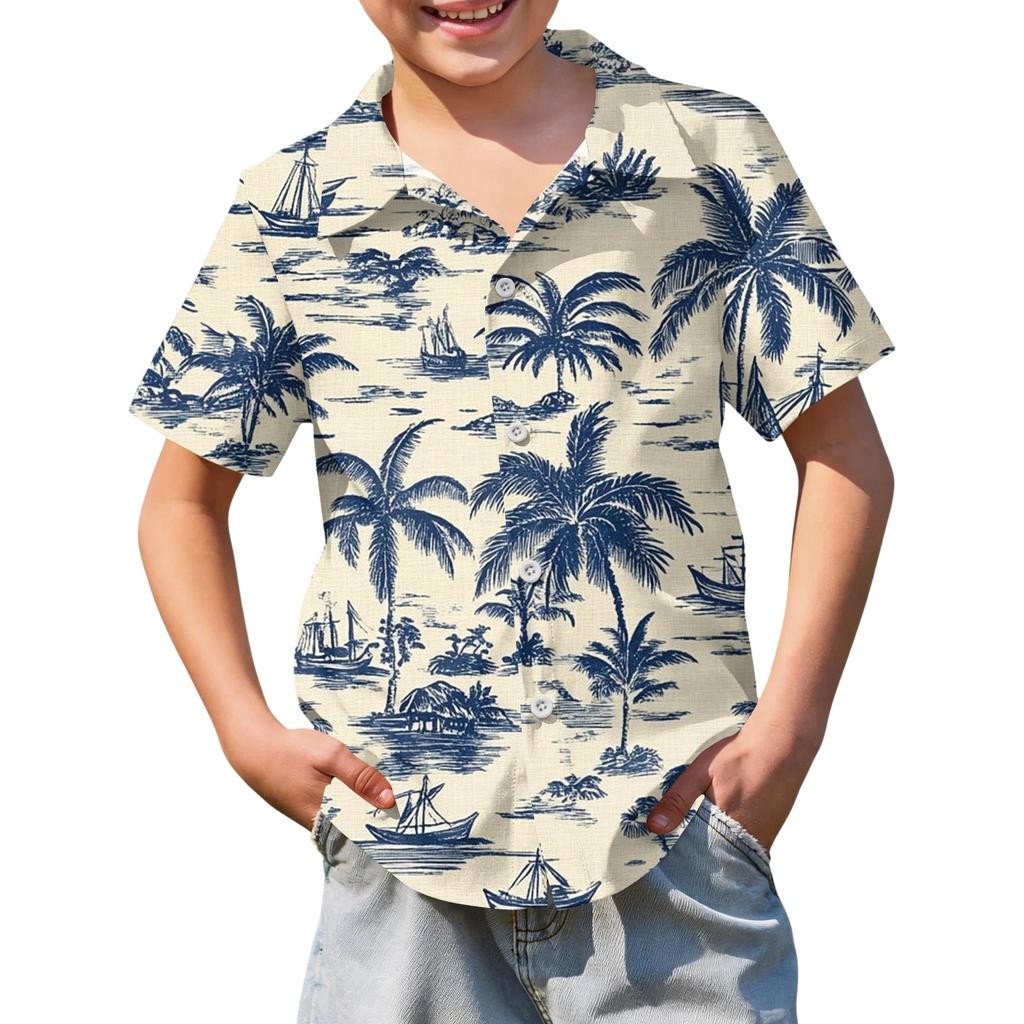 Boys' Short-sleeved Hawaiian Print Shirt, Children's Summer Button-down Shirt
