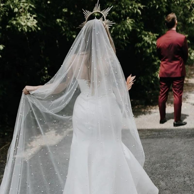 Kathedralenlänge Hochzeitschleier mit künstlichen Perlen Verzierungen Weicher Tüll Brautschleier mit Haarkamm Für Braut 150/200cm