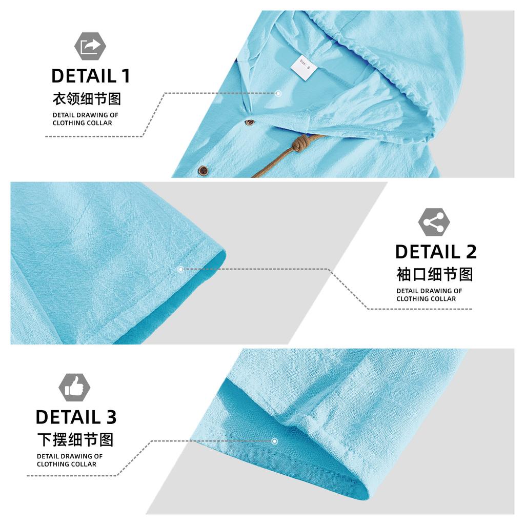 American Linen Men's Shirt, Fashionable and Casual Summer Breathable Thin Hooded Short-sleeved Cardigan Jacket
