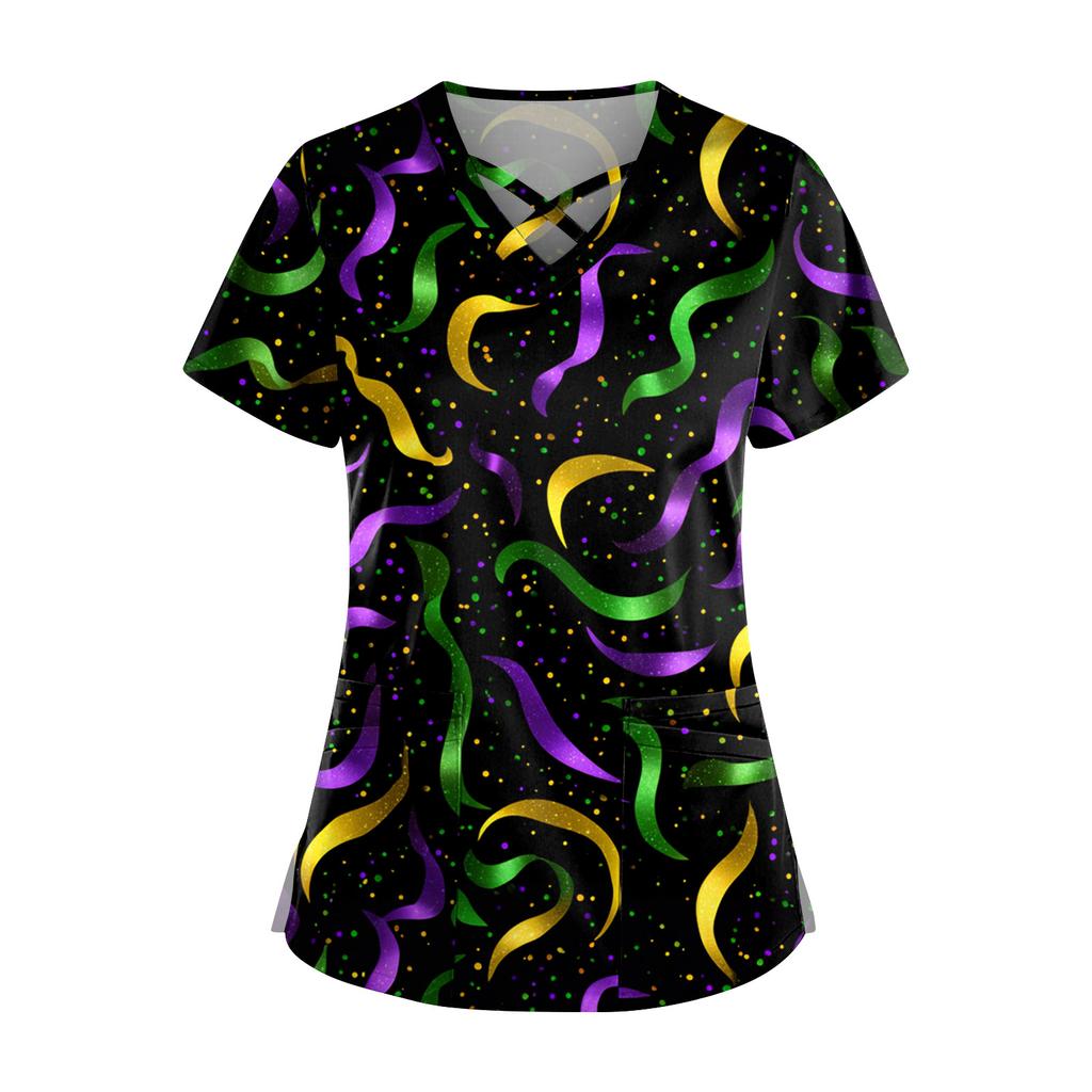 Dam Kortärmad Stagger V-ringad Tryck Ficka Torr-Topp