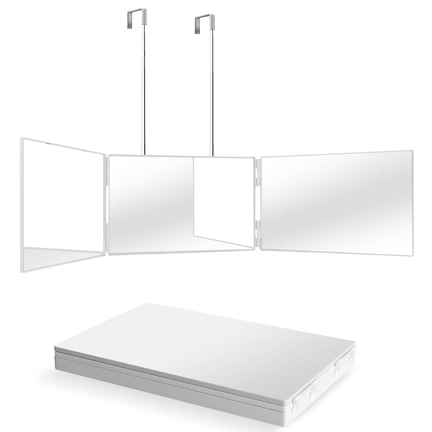 Портативное трехстворчатое косметическое зеркало с регулируемыми по высоте крючками для самостоятельной стрижки волос, макияжа. Складное, для ванной и путешествий. белый