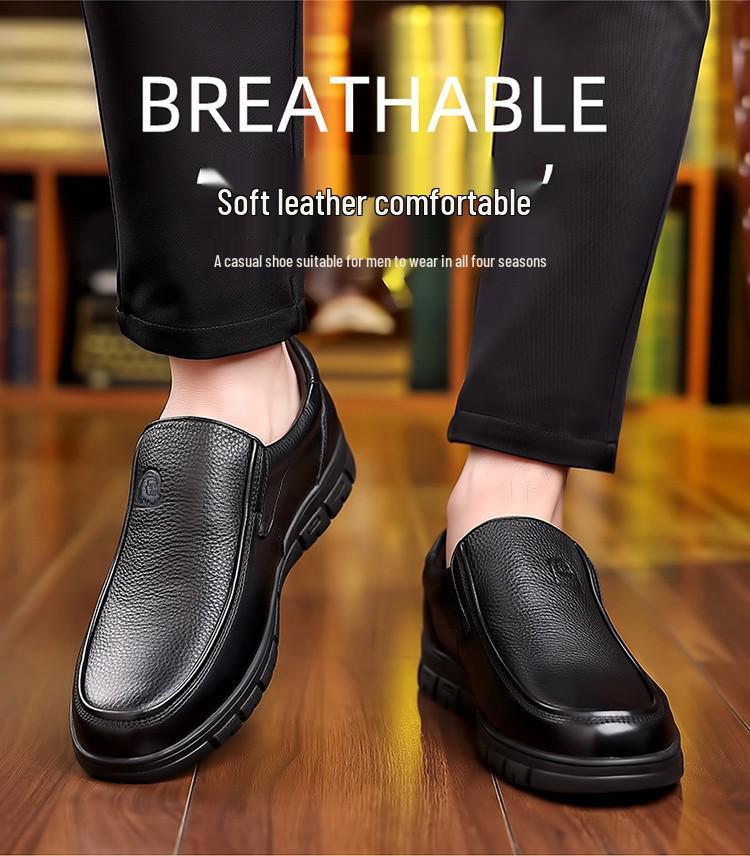 Men's Genuine Leather Slip-On Business Casual Shoes - Soft Sole for Middle-Aged & Elderly, New Spring & Autumn Cowhide Dad Style.