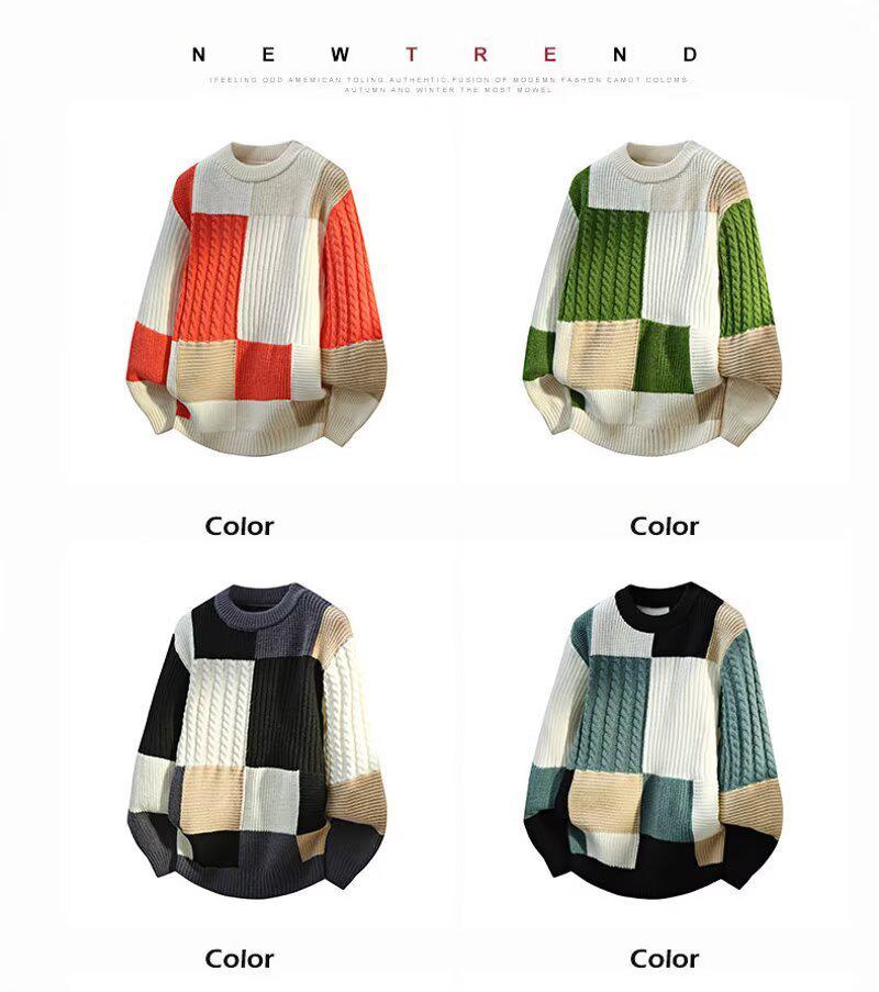 Men's Winter Thickened Color Block Knit Sweater - Warm, Casual, Trendy Fashion