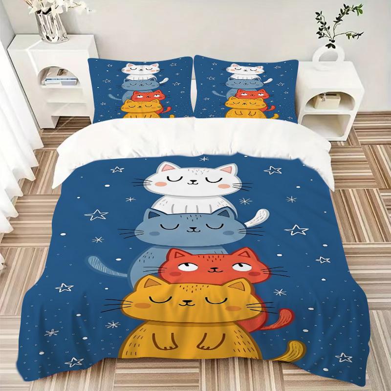 3pcs Cat, Night Bedding Set, Breathable And Soft, Suitable for All Seasons Machine Washable, Suitable for Bedroom Decoration,yy250822124