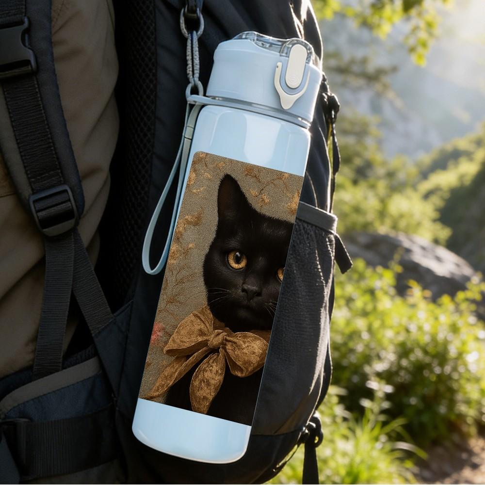 1PC Sleepy Black Cat Portrait 750ml Color Plastic Sports Water Bottle Leakproof Flip Straw Lid Suitable for Sports Office Home Use