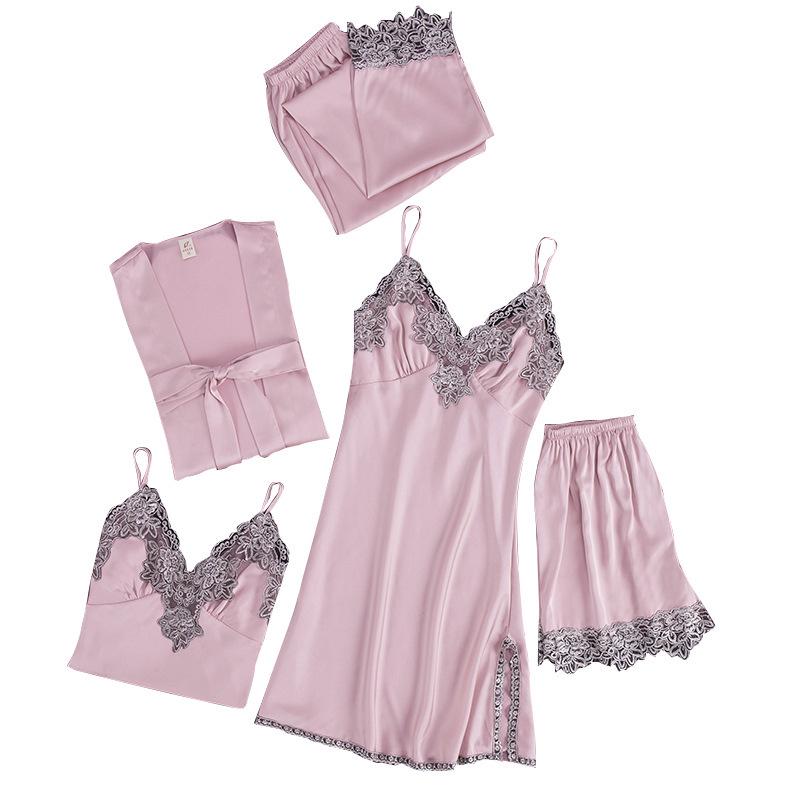 Yao Ting Satin Chiffon Five-Piece Pajama Set: Ice Silk, Casual, Sexy, with Chest Pads for Spring/Summer