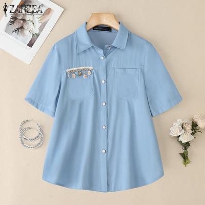 Women Summer Turn Down Collar Casual Short Sleeve Blouse