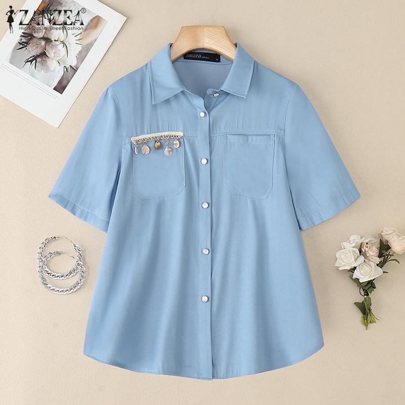 ZANZEA Women Summer Turn Down Collar Casual Short Sleeve Blouse