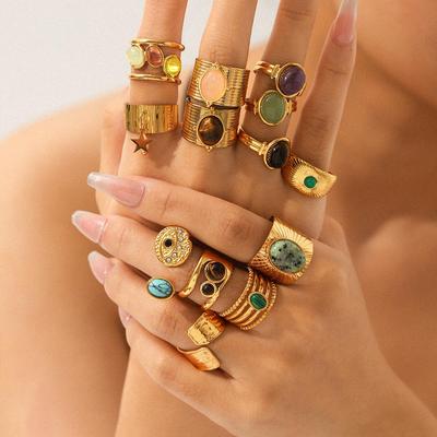 French Retro 18k Gold-Plated Stainless Steel Open Finger Ring with Natural Stone - Non-fading, High-End Design.