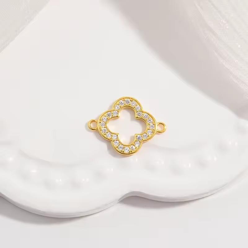 Fine 925 Sterling Silver Zircon Gold Plated Charm Clover Connector for Jewelry Necklace Bracelet Making