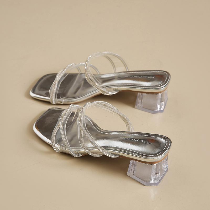 

CRLAYDK Womens Open Toe Strappy Transparent Chunky Heel Sandals Slip On Ladies Dressy Casual Party Summer Walking Travel Shoes 35