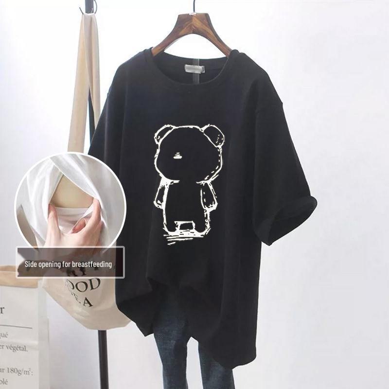 

Модная летняя футболка для кормящих мам: Средняя длина, короткие рукава, боковые разрезы, универсально для стиля Hot Mom XL