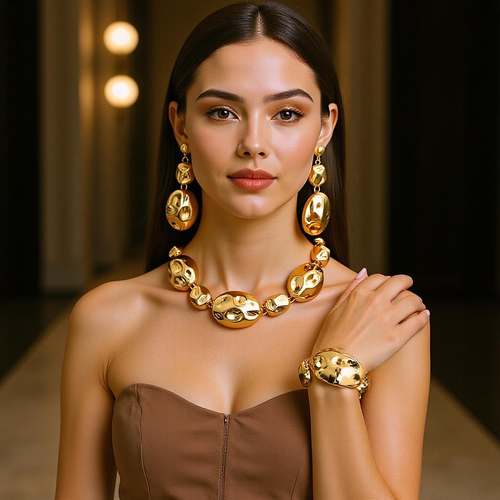 Trendy Clavicle Jewelry Set: Shiny Metal Pleated Earrings, Bracelet, Necklace & Pendant