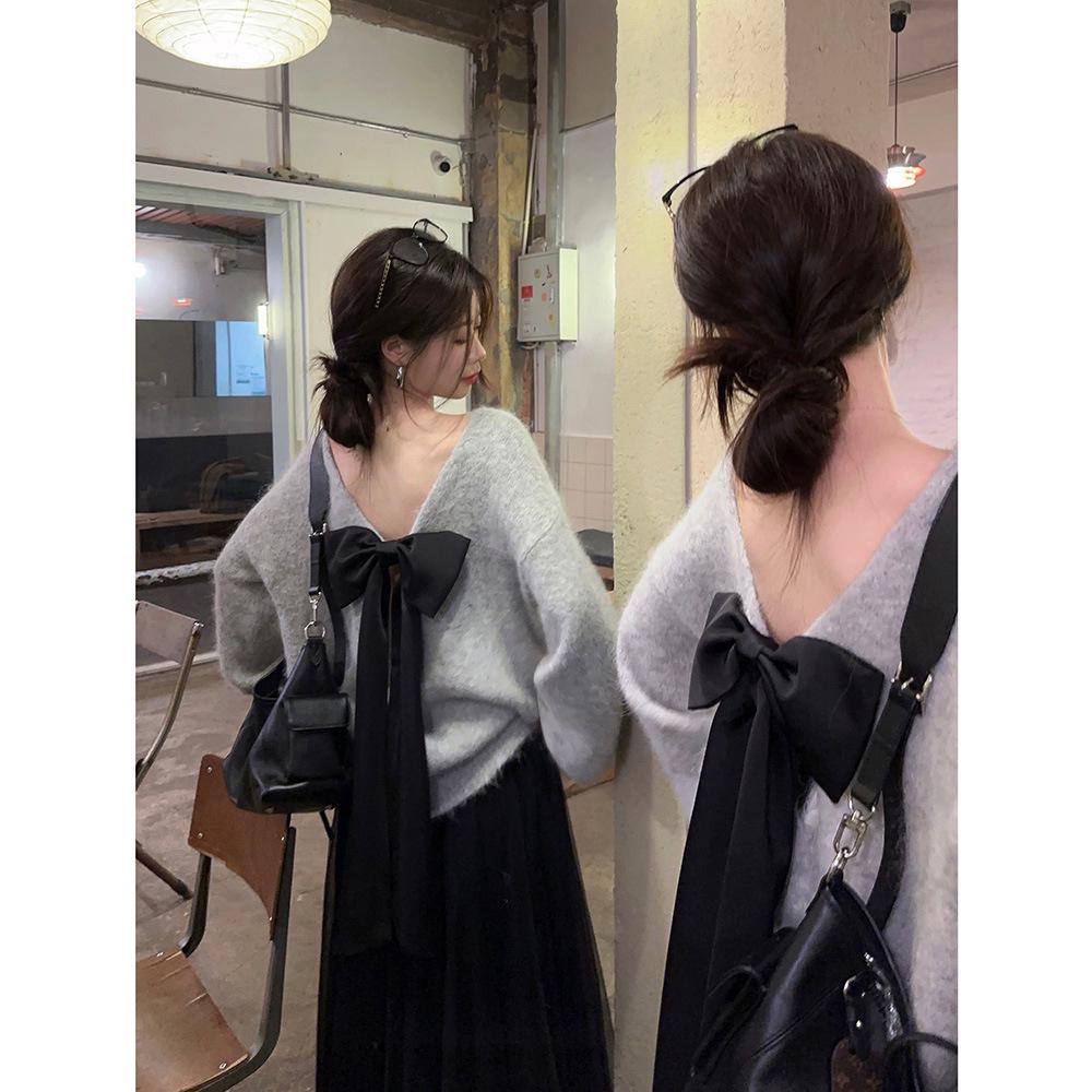 Rückenfreier Schleifen Grauer Alpaka-Wollpullover - Herbst Koreanischer Stil Slim Fit Pullover für Damen