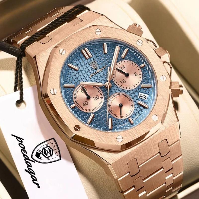 POEDAGAR Luxury Men's Watches Stainless Steel Date Chronograph Male Watch Waterproof Luminous Military Quartz Wristwatch