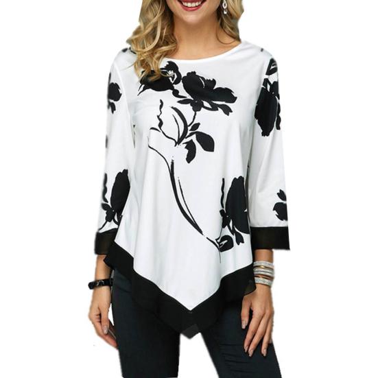 

Плюс размер Цветочный принт Девять рукавов с круглым вырезом Женская нерегулярная футболка Топ S белый