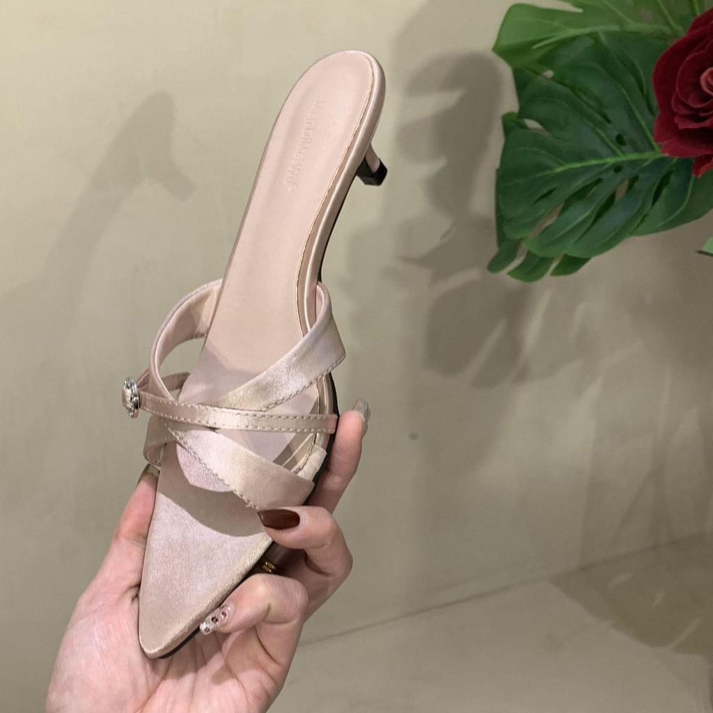 I like it very much~ pointed silver high-heeled sandals, thin heels, love rhinestone thin straps, 2025 summer new slippers for women's outer wear