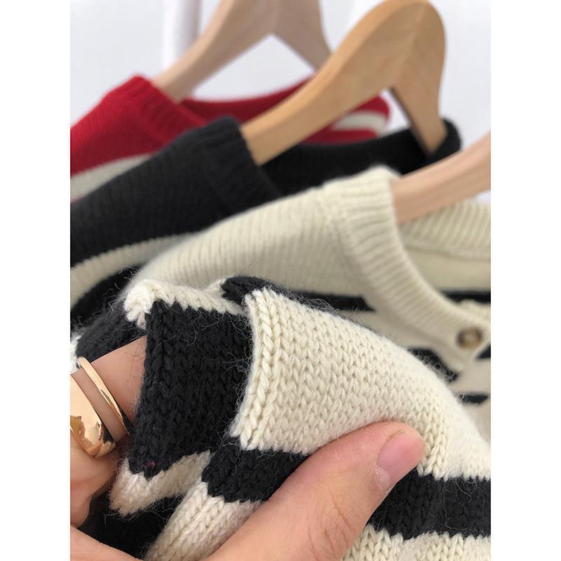 Damen locker gestreifter Strickcardigan - Koreanischer Stil, Neu für 2024, Perfekt für Frühling & Herbst, Dick gestrickte Oberbekleidung