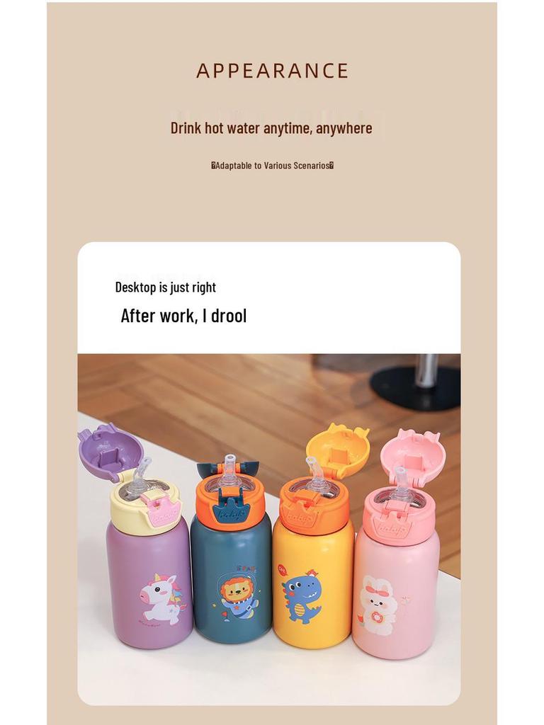 Kids' Outdoor Thermos Cup - Deer Antler Design, Straw & Smart Lid, Stainless Steel, Cartoon Style with Strap