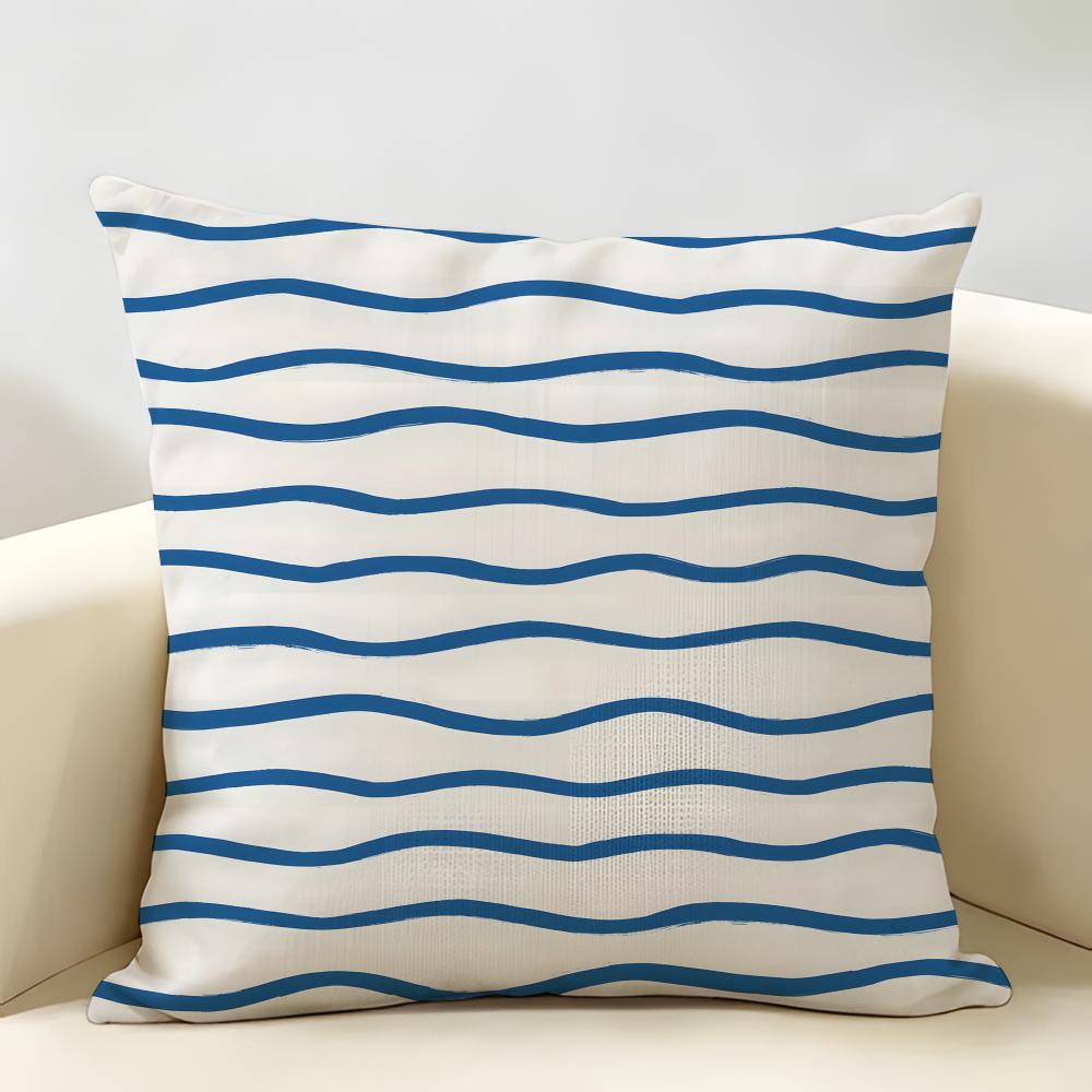 Nordic Style Geometric Blue Pattern Cushion Cover Natural Linen Organic Fabric Printing Breathable Perfect For Home Decor