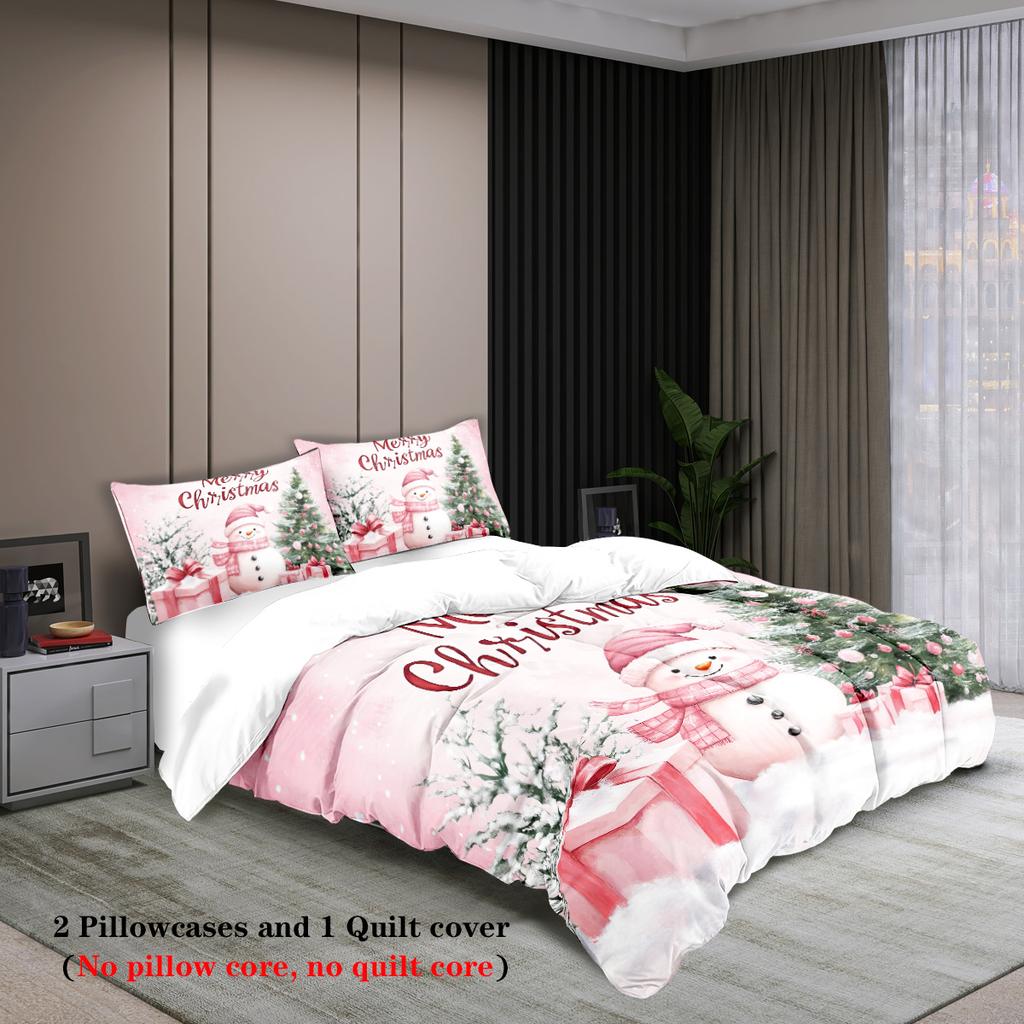 3-piece Christmas themed Santa Claus snowman print (1 duvet cover+2 pillowcases, no core) soft bedding set
