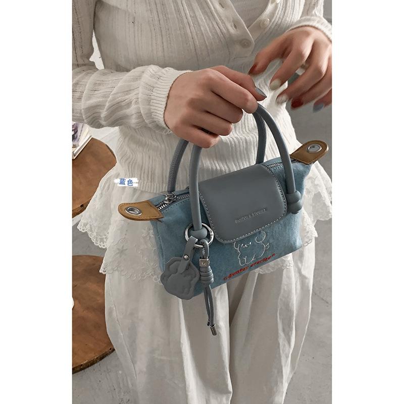 Korean version of casual handbag small bag women 2025 new cartoon puppy embroidered small square bag denim messenger bag