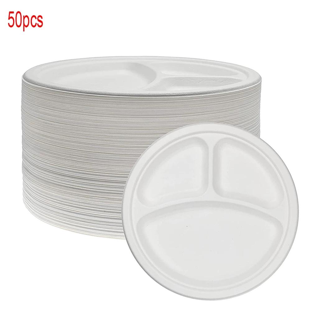 9"/10" 50pcs Disposable Sugarcane Pulp Three Grid Compostable Paper Tableware Degradable Picnic Pizza Party Dishes Dinner Plates