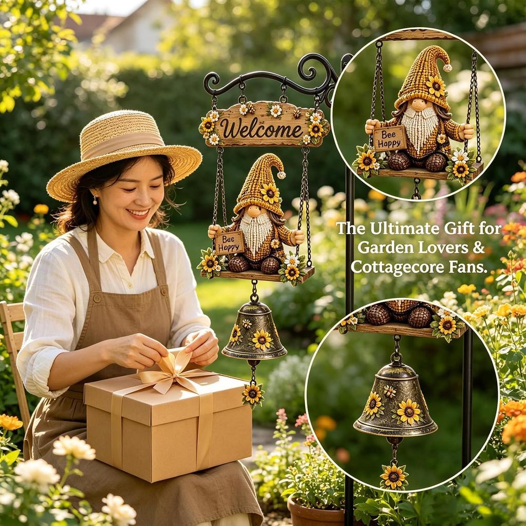 Handmade Bee Sunflower Gnome Rustic Garden Welcome Bell Decorative Hanging Doorbell for Farmhouse for Garden Fences Patios Front Porches