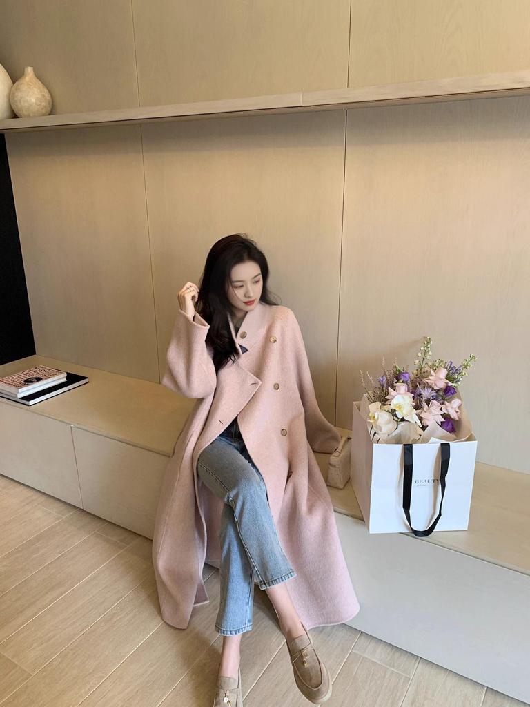 Women's Korean Style Stand-Up Collar Double-Sided Cashmere Wool Coat, Single-Breasted, High-End for Autumn/Winter 2025