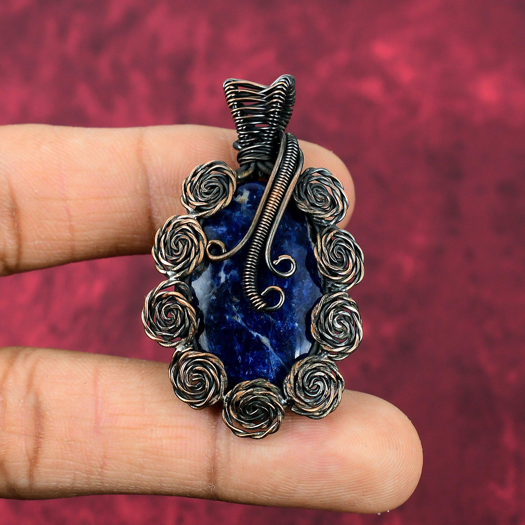 Sodalite Pendant Copper Wire Wrapped Pendant Handmade Gemstone Pendant Sodalite Copper Jewelry Birthstone Pendant For Gifts Flower Jewelry