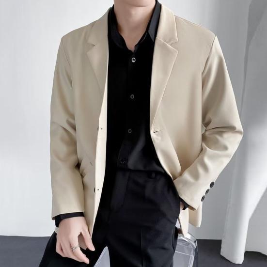 Men Blazer Solid Color Single-breasted Turndown Collar Jacket Spring Autumn Loose Suit Coat