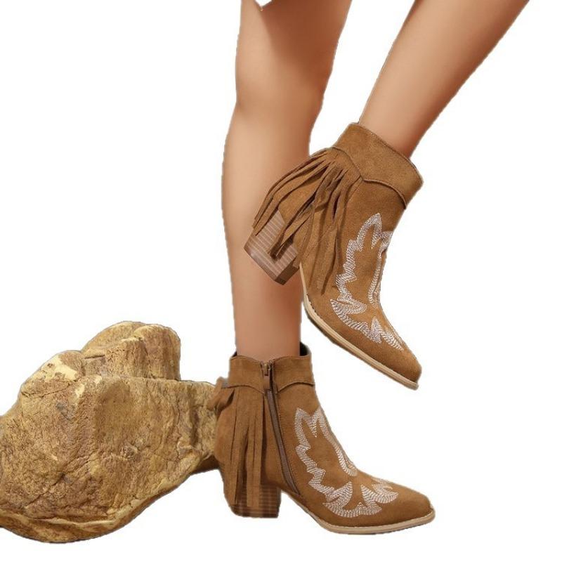 Plus Size Printed Side Zipper Knight Boots Fall and Winter New Fringed High Heels Low Top Wear Women's Boots