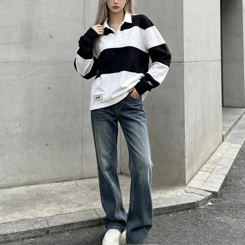 Men's and women's personalized striped letter embroidered round neck long sleeved pullover top