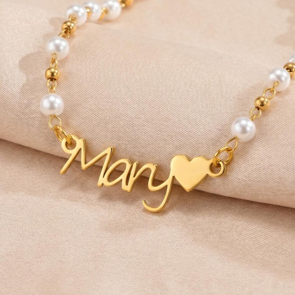 Customized Pearl Name Bracelet Waterproof Stainless Steel Personalized Script Nameplate Adjustable Chain