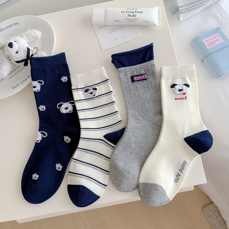 Ladies Autumn Cute Cartoon Stripe Collision Color Stereo Puppy Cloth Label Boneless Tube Socks