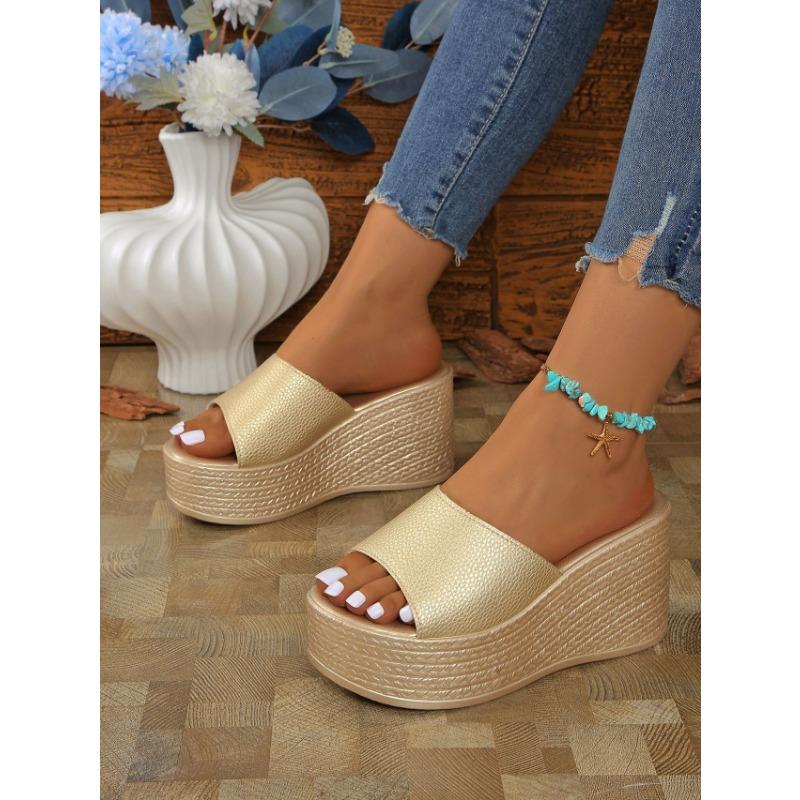 Sandalen mit Keilabsatz Hausschuhe Damen Dicke Sohle Ein Wort Schlepp Außen tragen Damen Strandschuhe