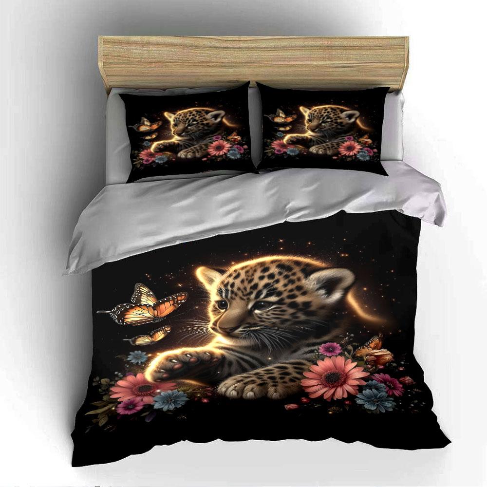 Leopard Cub with Butterflies Bedding Duvet Cover Set (1*Duvet Cover 2*Pillowcases, without duvet insert)