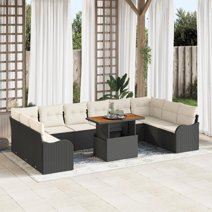 Ensemble de Canapé de Jardin 11 Pièces avec Coussins Noir Poly Rattan, Canapé de Jardin 2 Places avec Rangement et Coussins 3358245