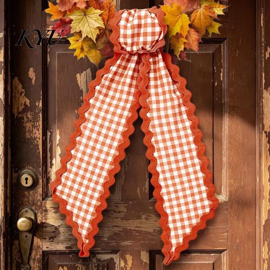 Front Door Wreath Bows Fall Scalloped Sash for Door, 55 Inch Plaid Gingham Autumn Wedding Ornament Thanksgiving Ribbon Harvest Yard Porch Doorway