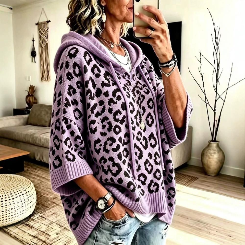 Felpa da Donna con Cappuccio Stampa Leopardo Coulisse Autunno Inverno Oversize