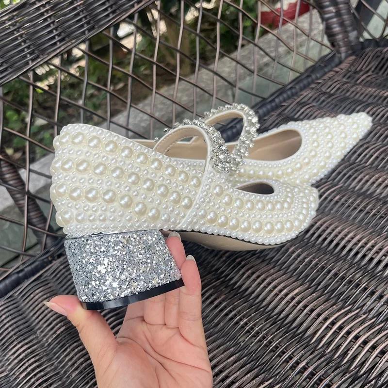 Fashion New Pointed Rhinestone Pearl Thick Heel Single Shoes Fashion European American Banquet Wedding Bride Bridesmaid High-heele Shoes