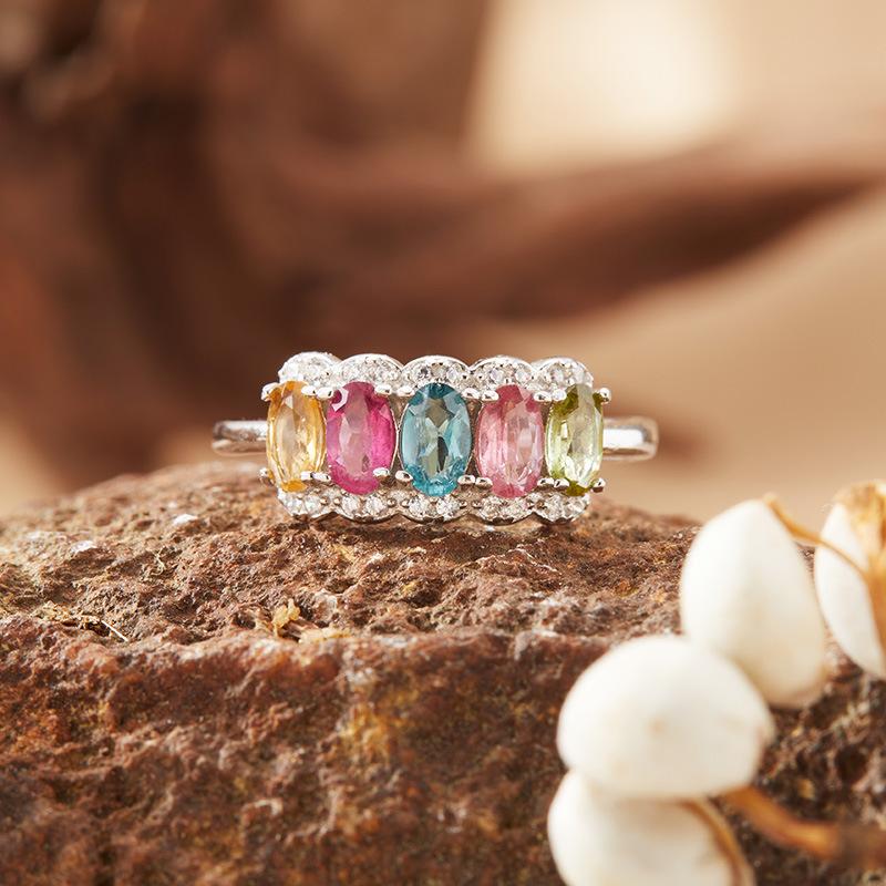 S925 Sterling Silver Natural Tourmaline Color Treasure Ring Women'S Color Gemstone Index Finger Ring Jewelry