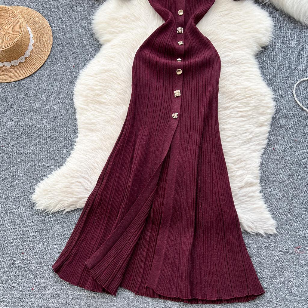 Summer Women V-neck Exquisite Gold Button Birthdays Party Knitted Sweater Long Slim Boycon Pencil Dresses