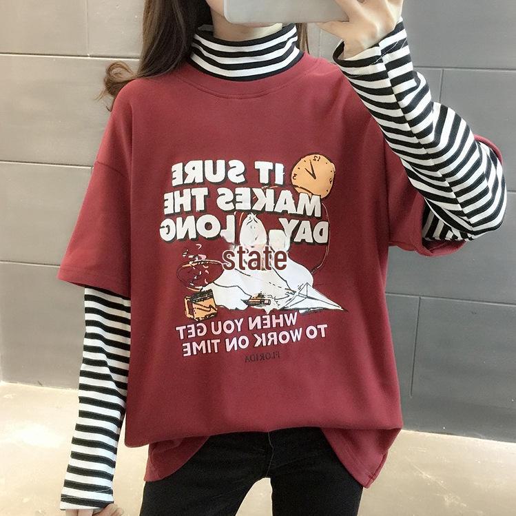 Women's Slim Fit Half-High Collar Two-Piece Effect Long-Sleeve T-Shirt - Autumn Style