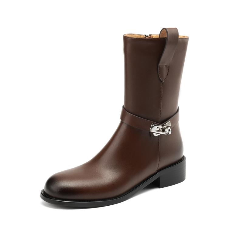 

Fashion Women s New Autumn/Winter Round Head Metal Belt Buckle Leather Cowhide Retro Mid Heel Extra Large Leg Motorcycle Short Boots 265 коричневый