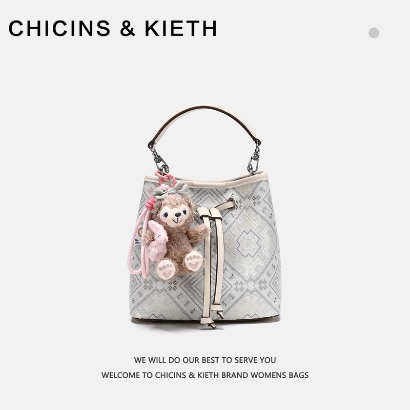 

Chicins & Kieth New Chinese Style Non-Heritage Zhuang Brocade Bucket Bag Women 2025 New Retro Embroidered Handbag Grey