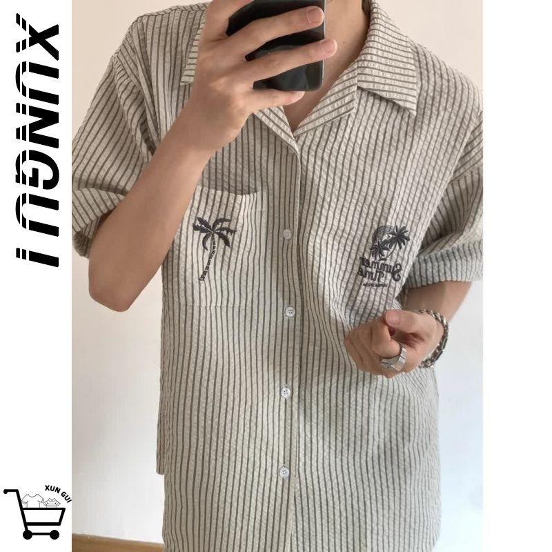 

Embroidered Striped Short Sleeve Shirt Men Korean Style Collar Casual Loose Top 3XL абрикосовий